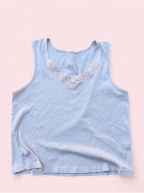Vintage Light Blue Ribbed Tank with Lace Trim